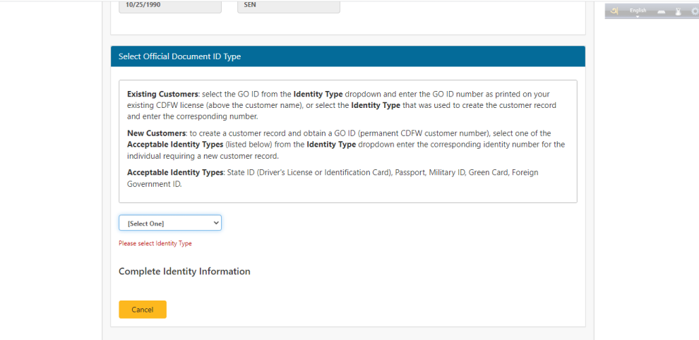 Select Official Document ID Type 